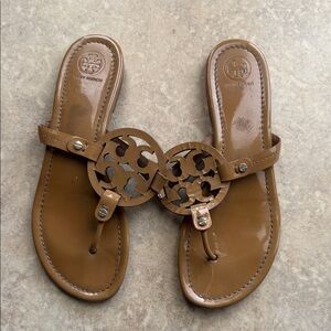Tory Burch Tan Patent Leather Logo Thong Sandals